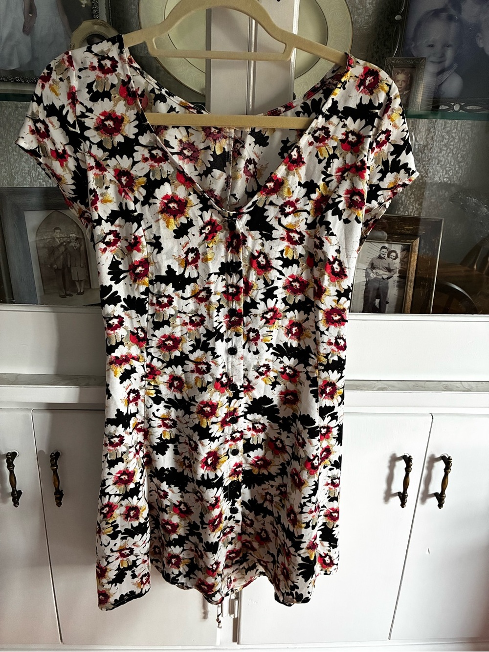 Floral Tie-Front Women's Skater Mini Dress in White with Pink Accents